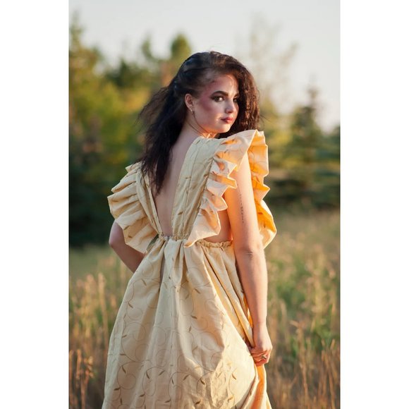 Women's Gold Hand Beaded Vintage Victorian Boho Style Ruffle Maxi Dress New - Picture 8 of 10